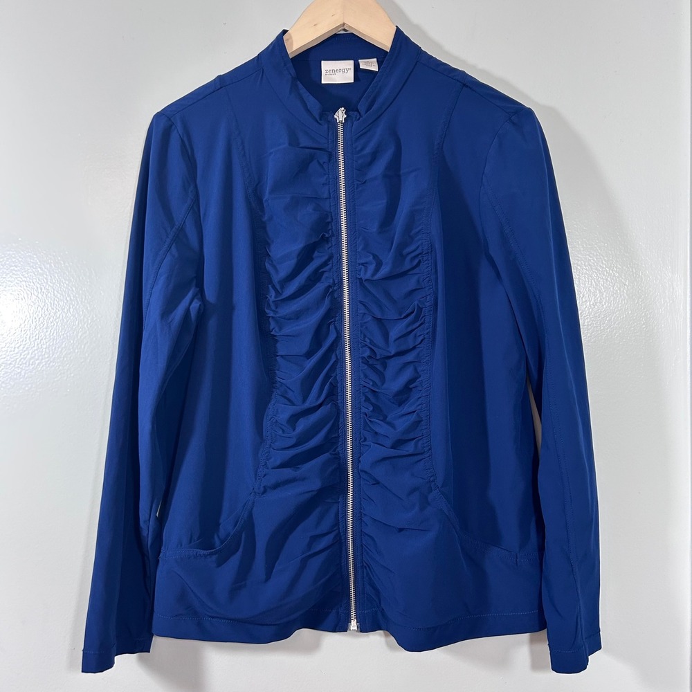 Zenergy by Chicos Blue Ruched Full Zip Mock Neck Lightweight Jacket Size 1 M